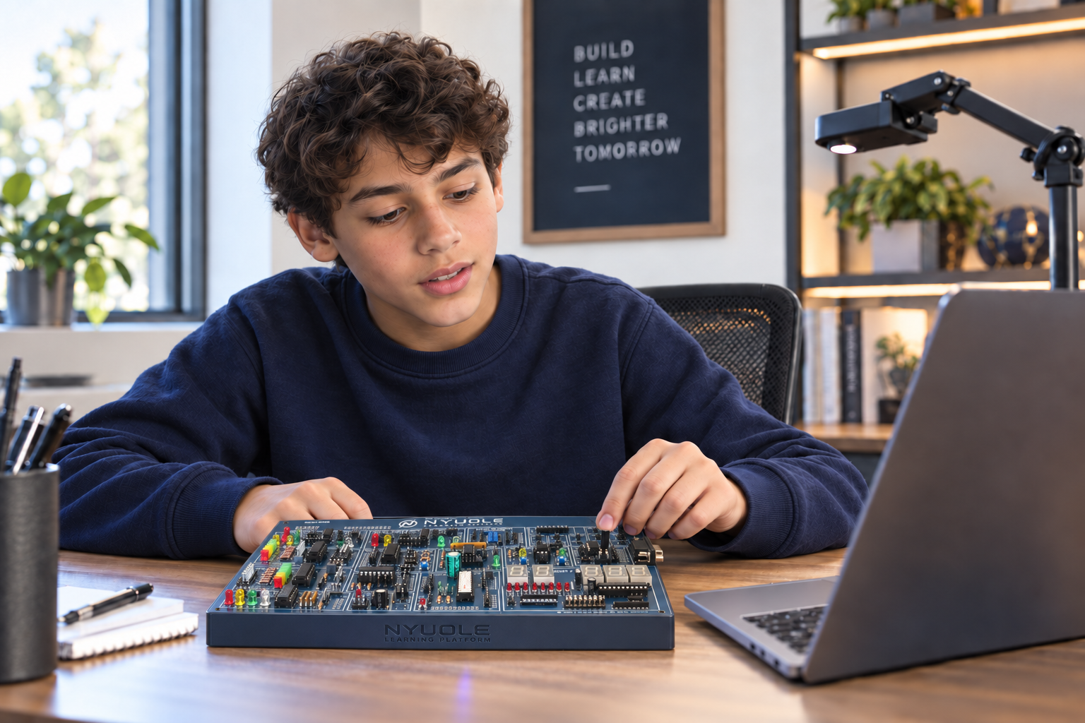 Student using the NYUOLE digital learning board with a laptop